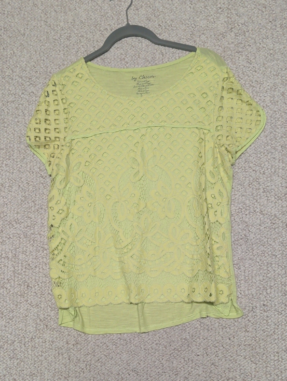 Chico's Chartreuse Lace Overlay Short Sleeve Top